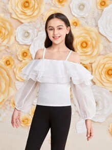 SHEIN Blusa De Organza De Manga Comprida Com Ombros De Fora, Gola De Babados De Camadas Duplas Para Meninas Pré-adolescentes - Branco - Visão 5