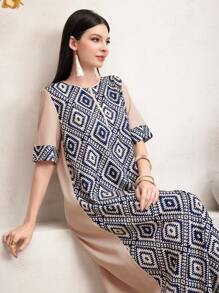 Al Najma Women's Casual Geometric Printed Patchwork Dress