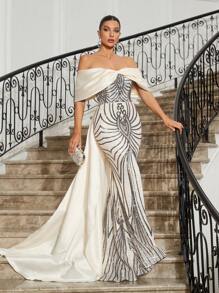 SHEIN Belle Off Shoulder Bowknot Decor Sparkly Embroidery Patchwork Satin Mermaid Evening Prom Dress For Women