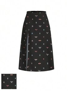 Joyce Ellen Artist 女士度假昆虫印花高开叉优雅裙子，适合度假、派对、春夏、海滩、节日、伊比沙岛装扮、西方服饰 - 黑色 - 查看 1