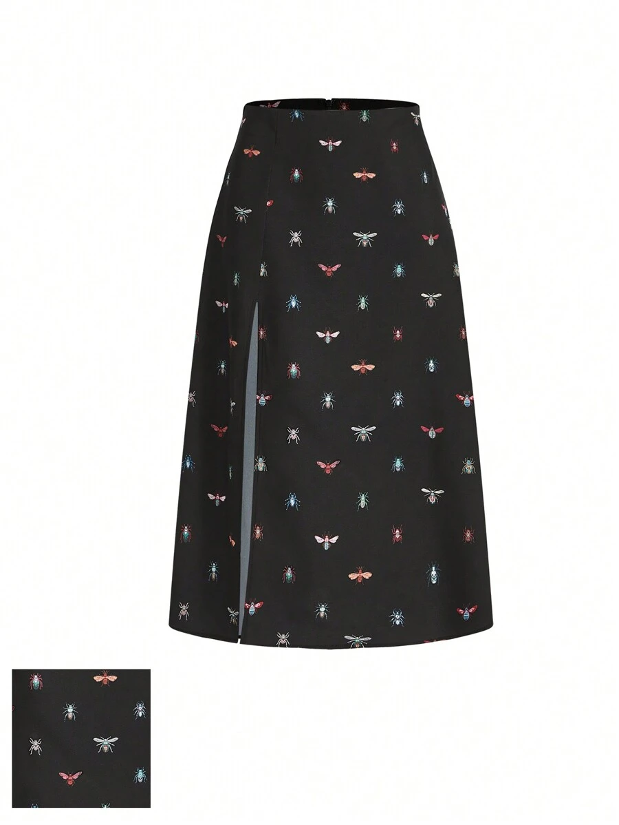 Joyce Ellen Artist 女士度假昆虫印花高开叉优雅裙子，适合度假、派对、春夏、海滩、节日、伊比沙岛装扮、西方服饰 - 黑色 - 查看 1