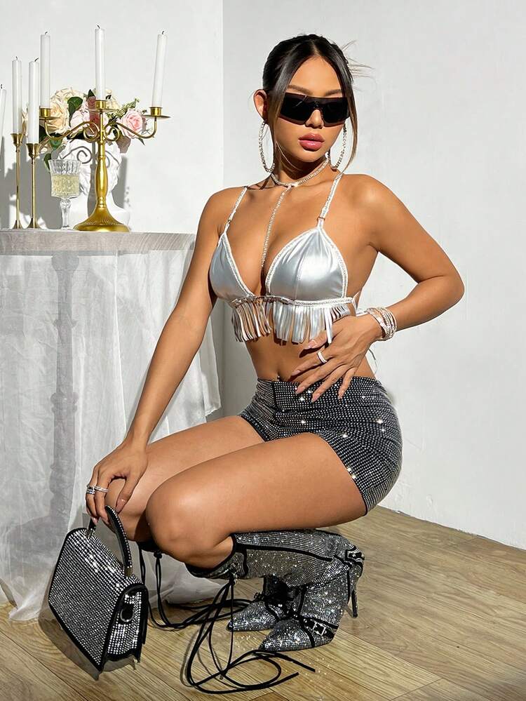 Y2k Summer Sleeveless Faux Leather Fringe Crop Cami Top