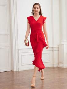 MOTF PREMIUM Vestido Entallado De Mujer Tejido Con Cuello En V, Detalle De Volantes Y Correa De Hebilla - Rojo - Ver 4