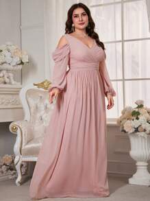 Plus Size Women Open Shoulder Long Sleeve Chiffon Bridesmaid Dress - Pink - View 5
