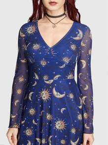 ROMWE Hippie 女式網紗喇叭袖連身裙配太陽、月亮和星星圖案 - 藍色 - 查看 3