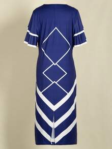 Plus Size V-Neck Ruffle Sleeve Waist Cinched Colorblock Geometric Print Dress Casual Summer Elegant - Blue - View 2