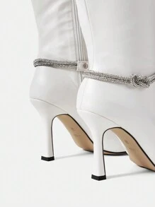 CUCCOO SZL Sexy Fashionable White Pu Diamond Strap Decoration Pointed Toe High Heel Over The Knee Boots For Women