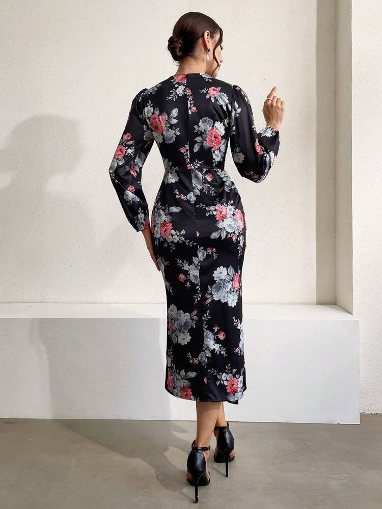 Women's Floral Print Puff Sleeve Pleated Dress