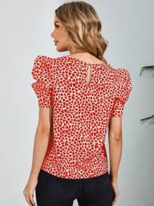 SHEIN Clasi Của phụ nữ Love Tim In Ngắn Ống tay áo Áo sơ mi - Đỏ - Xem 2