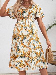 SHEIN Maternity Floral Wrapped Design Dress - Yellow - View 4