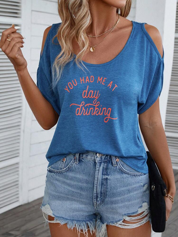 Letter Printed Open Shoulder T-Shirt