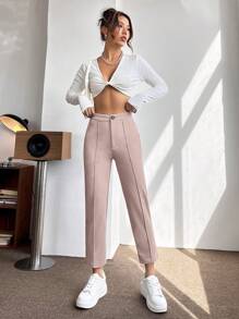 SHEIN PETITE Ladies' Solid Color Pants With Stitching Decoration - Dusty Pink - View 5