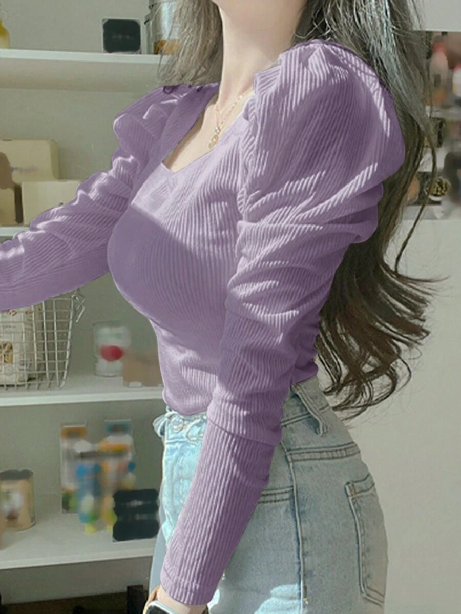 DAZY Áo thun tay phồng trơn màu cho nữ, Áo dài tay cho nữ, Quần áo nữ mùa thu dễ thương - Màu tím hoa cà - Xem 1