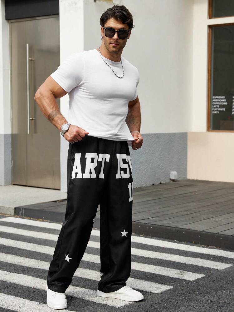 Plus Size Men's Letter And Star Pattern Drawstring Pants