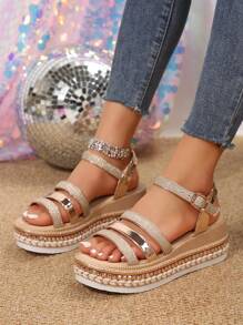 金色坡跟仙女凉鞋，春夏交叉绑带厚底罗马鞋，百搭显瘦，旅行必备 - 金色 - 查看 3