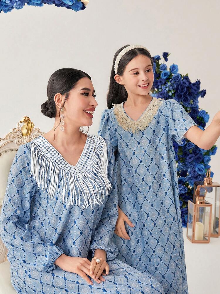 Women's V-Neck Full Pattern Print Long Sleeve Jalabiya Dress