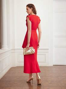 MOTF PREMIUM Vestido Entallado De Mujer Tejido Con Cuello En V, Detalle De Volantes Y Correa De Hebilla - Rojo - Ver 8