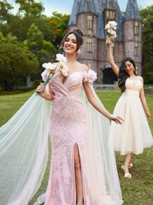 SHEIN Belle Manches Épaules Dénudées, Croix Sur La Poitrine, Sangle Arrière, Embellissement Floral 3d, Tissu Tulle Orné De Satin, Ourlet Fendu, Petit Train, Robe De Soirée - Vieux Rose - Voir 3