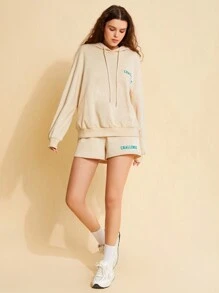 Forever 21 Set Di Felpa Con Cappuccio E Pantaloncini, Stampa Lettera Da Donna Con Cordino