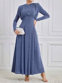 Modelyn Women's Solid Color Long Sleeve Dress Modest Dress - Dusty Blue - View 8