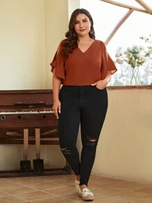 SHEIN Clasi Blusa De Talla Grande Con Mangas De Campana Con Cuello En V - Óxido marrón - Ver 5