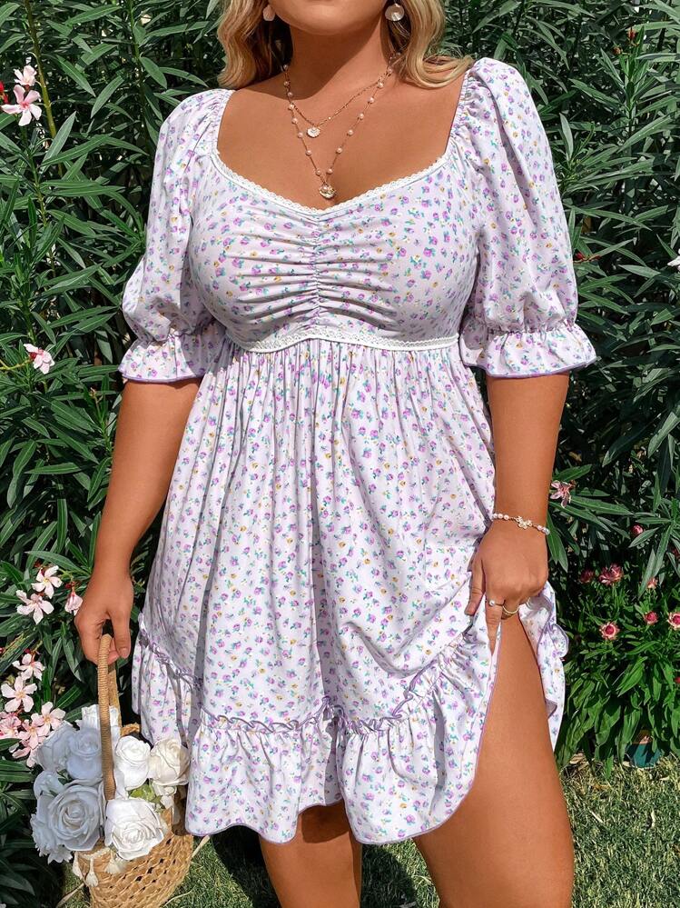 Flirla 大尺碼女款花卉印花短泡泡袖連身裙 - 紫色 - 查看 6