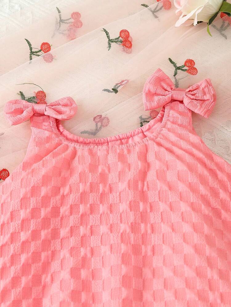 Young Girls' Lovely Bubble Gingham Sleeveless Dress With Bowknot Shoulder Straps, Summer