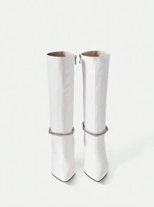 CUCCOO SZL Sexy Fashionable White Pu Diamond Strap Decoration Pointed Toe High Heel Over The Knee Boots For Women