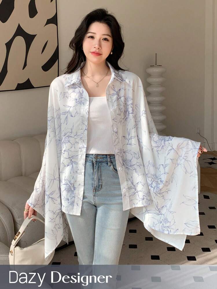 Printed Exaggerated Flare Sleeve Shirt Long Sleeve Top Floral