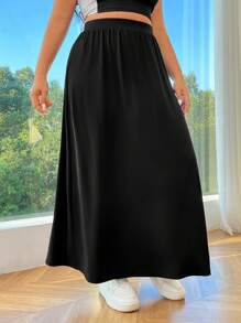 SHEIN EZwear Plus Size Black Knitted Long Skirt - Black - View 5