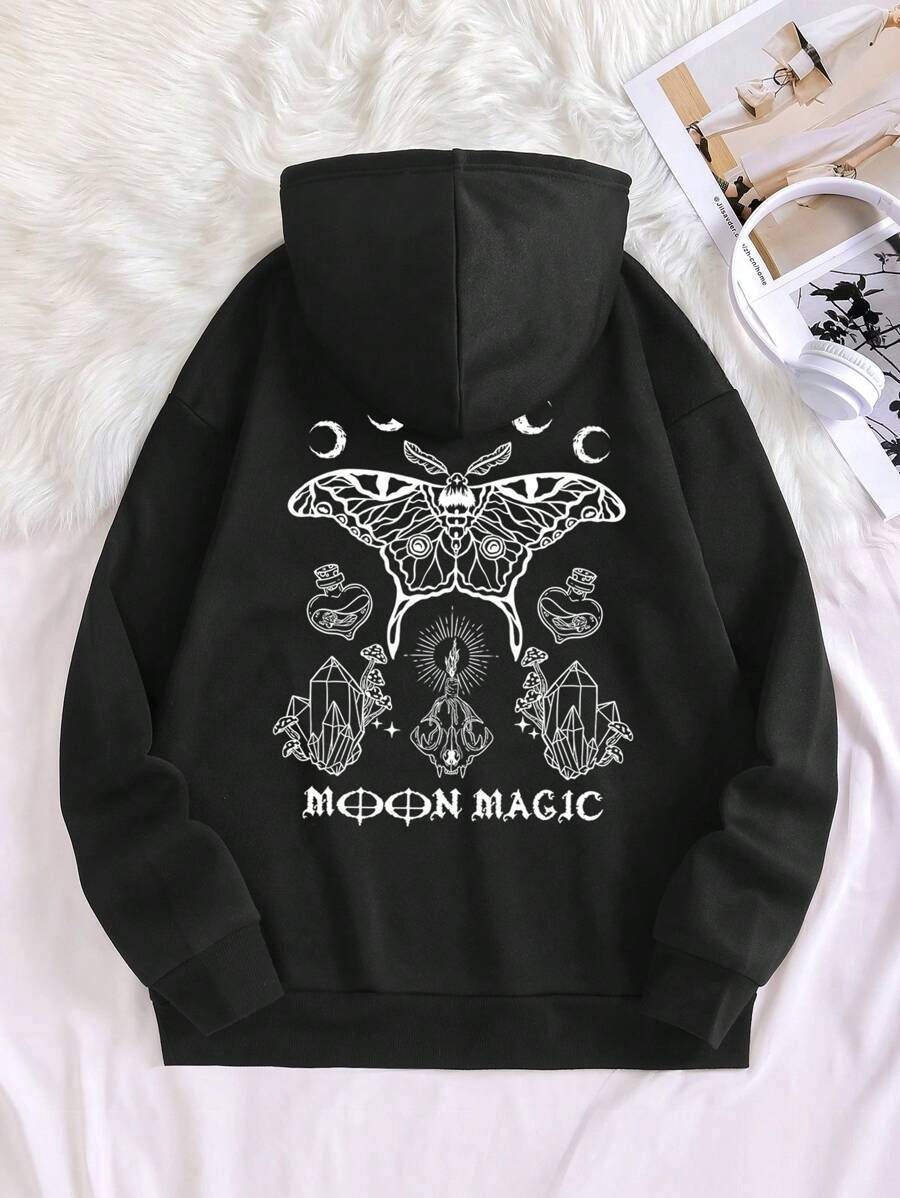 SHEIN EZwear Của phụ nữ In Tay áo dài Áo nỉ có mũ - màu đen - Xem 1