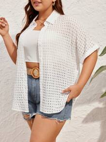 SHEIN Frenchy Plus Size Women's Drop Shoulder Short Sleeve Shirt - White - View 5