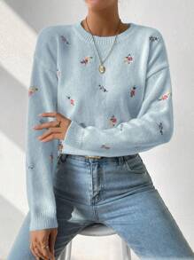 SHEIN LUNE Women's Floral Embroidered Drop Shoulder Sweater,Long Sleeve Tops