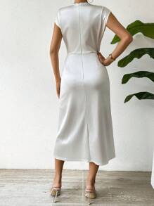 Chiquease Ladies' Satin Texture Pleated Cap Sleeve Dress - White - View 2