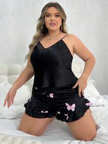 Plus Size Women's Satin Plain Butterfly Printed Camisole Top And Shorts Pajama Set - Black - View 1