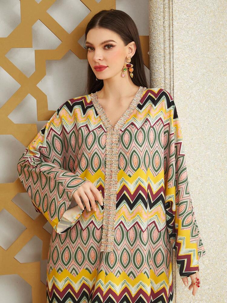 Women's V-Neck Long Sleeve Full Print Dress