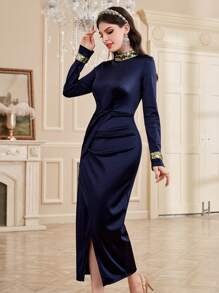 Modelyn 女士闪亮拼布立领裹身前侧开衩连衣裙，优雅晚会礼服长款晚礼服 - 寶藍色 - 查看 5