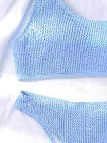SHEIN Swim 紋理質感比基尼套裝單肩上衣和露臀下裝2入組泳衣 - 淺藍色 - 查看 6