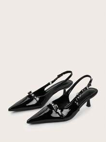 Lễ cưới Buổi tiệc Thanh lịch Và Gợi cảm Mịn màng Đen Da bằng sáng chế Pointed Toe Cao gót Với Gầy Giày cao gót Và Nút kim loại Dây đeo - màu đen - Xem 4