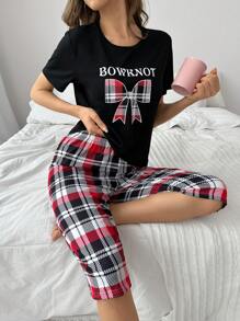 SHEIN 女士蝴蝶結字母印花上衣和格紋短褲睡衣套裝 - 黑色 - 查看 3