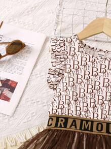 SHEIN 年輕女孩的公主風格,帶有字母印花的優雅網紗禮服 - 彩色 - 查看 5