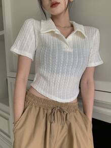 DAZY Ladies' Solid Color Turn-Down Collar Short Sleeve T-Shirt