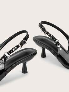 Lễ cưới Buổi tiệc Thanh lịch Và Gợi cảm Mịn màng Đen Da bằng sáng chế Pointed Toe Cao gót Với Gầy Giày cao gót Và Nút kim loại Dây đeo - màu đen - Xem 3