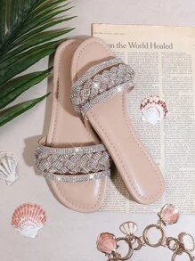 SHUZIA Giày Sandal Đế Bằng Đính Đá Rhinestone Cho Nữ Quà Tặng Ngày Lễ Valentine Năm Mới Giày Mùa Hè Quà Tặng Valentine - Màu be - Xem 4
