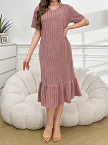 女士短袖v領睡裙