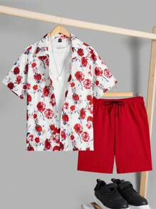 Men's Floral Print Shirt Set - Red - View 1