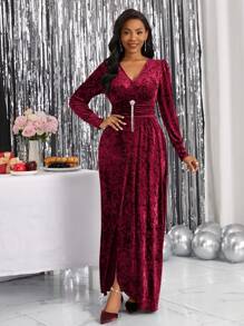 SHEIN Lady Women's Puff Sleeve Front Split Dress - Burgundy - View 4