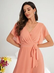 SHEIN Clasi Women's Solid Color Wrap Tie Jumpsuit - Coral Orange - View 6