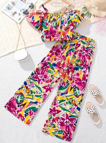 SHEIN 2pcs Tween Girls' Off-The-Shoulder Floral Print Top And Pants Set - Multicolor - View 2