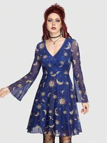 ROMWE Hippie 女式網紗喇叭袖連身裙配太陽、月亮和星星圖案 - 藍色 - 查看 2